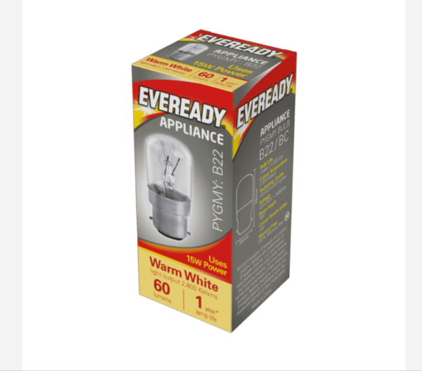 1 x EVEREADY 15W Pygmy Light Bulbs, Bayonet Cap B22 BC B22d 240v, Clear Sewing Machine/Appliance Lamps/Night Light/General Purpose Lightbulbs, Mains 240V Warm White. BAYONET CAP FITTING NOT THE SMALLER SBC FITTING.
