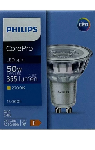 10 x PHILIPS 4.6W GU10 LED 2700K WARM WHITE 355lm 36º 4.6 Watt = 50 Watt F2