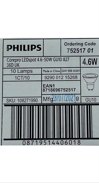 10 x PHILIPS 4.6W GU10 LED 2700K WARM WHITE 355lm 36º 4.6 Watt = 50 Watt F2