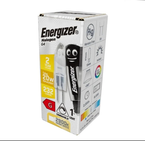 3 x G4 Energizer 14W=20W brightness, warm white dimmable capsule light bulb lamps.
