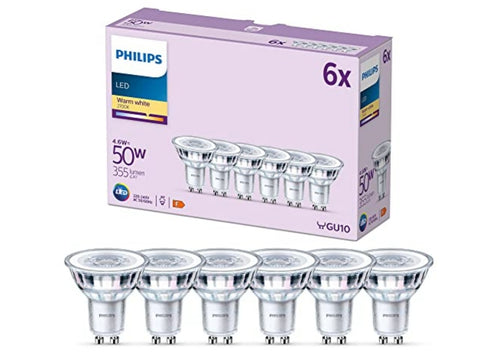 PHILIPS LED Classic Spot Light Bulb 6 Pack [Warm White 2700K - GU10] 50W, Non Dimmable. for Home Indoor Lighting