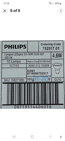 10 x PHILIPS 4.6W GU10 LED 2700K WARM WHITE 355lm 36º 4.6 Watt = 50 Watt F2