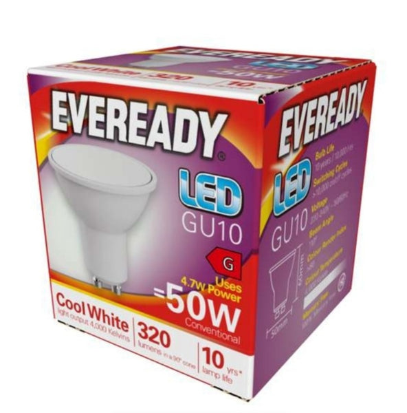 10 x Eveready 4.7W LED GU10 - (Warm White,Daylight or Cool white)