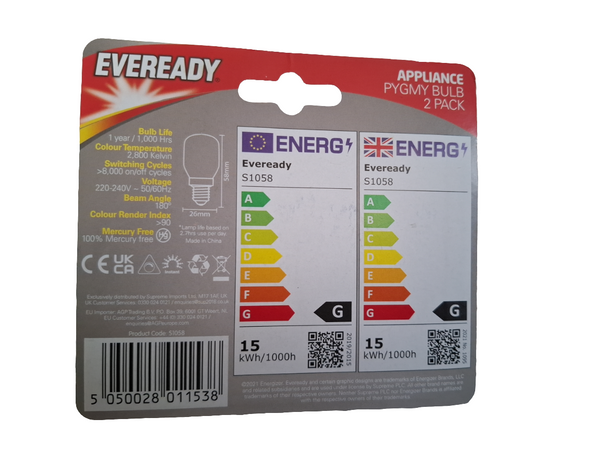 2 x 15w SES Himalayan Salt lamp Eveready bulbs screw fitting warm white dimmable.