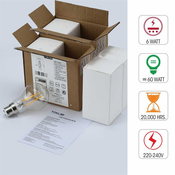 TEKLED
LED Dimmable Filament A60 GLS Bulb B22 Bayonet Cap 6.5W Warm White 2700K - Pack of 2 or 4