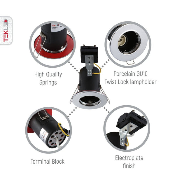 TEKLED
Fixed Pressed Steel Fire Rated Downlight IP20 GU10 Fitting - Chrome, Satin Nickel or white.
