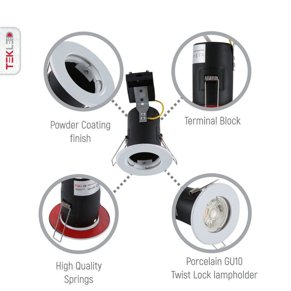 TEKLED
Fixed Pressed Steel Fire Rated Downlight IP20 GU10 Fitting - Chrome, Satin Nickel or white.