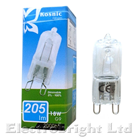 100 x KOSNIC G9 18w=25w DIMMABLE ECO  Halogen bulbs clear 18 Watt Safety fused - Electrobright Ltd