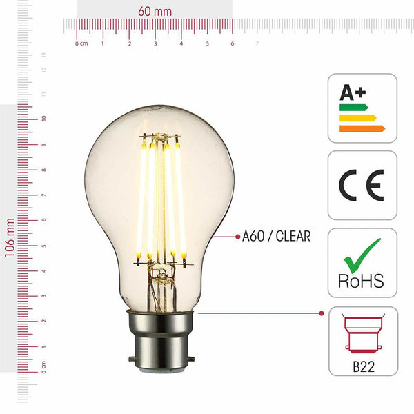 TEKLED
LED Dimmable Filament A60 GLS Bulb B22 Bayonet Cap 6.5W Warm White 2700K - Pack of 2 or 4