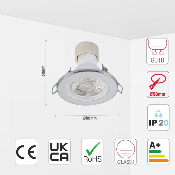 TEKLED
Fixed Pressed Steel Downlight IP20 GU10 Fitting - White, Chrome or Satin nickel