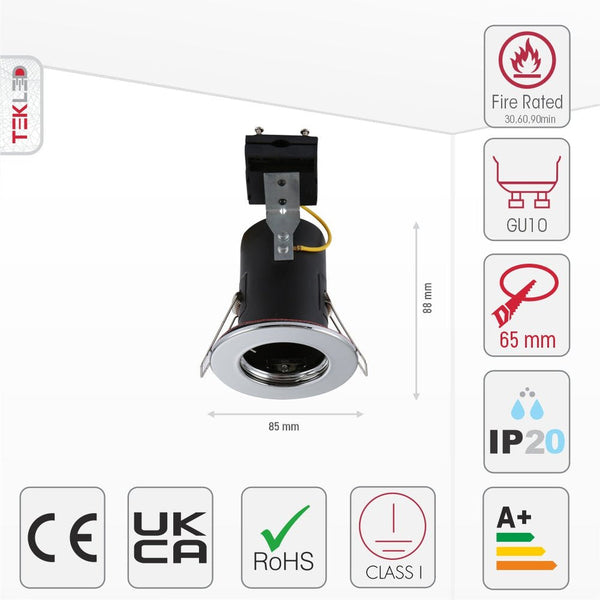TEKLED
Fixed Pressed Steel Fire Rated Downlight IP20 GU10 Fitting - Chrome, Satin Nickel or white.
