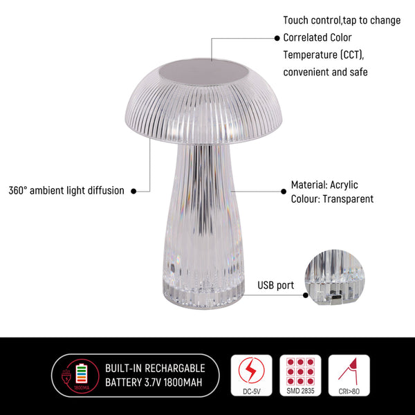 Tekled Mushroom-Shaped Lumi Crystal Touch: Rechargeable LED Table Lamp | Bedside Lamp