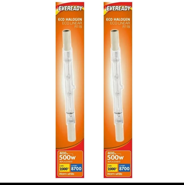 2 x R7 400W= 500w bightness Eveready branded Linear lamps warm white 118mm.