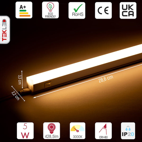 TEKLED
5W 1ft LED T5 Under Cabinet Link Light IP20 with switch 286mm - 3000K Warm White, Cool White or Cool Daylight.