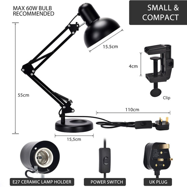 Tekled Led Desk Lamp Adjustable Swing Arm Replaceable E27 Edison Screw Bulb Holder Flexible Table Clamp For Bedside Reading Office Work Architects Students Swing Arm Green or selection of colours.