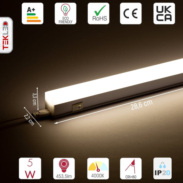 TEKLED
5W 1ft LED T5 Under Cabinet Link Light IP20 with switch 286mm - 3000K Warm White, Cool White or Cool Daylight.