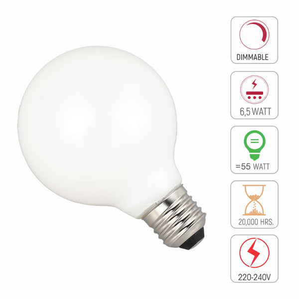 TEKLED
LED Bulb Dimmable Globe E27 6.5W 2700K Milky Glass Pack of 2 - G80 mm.
