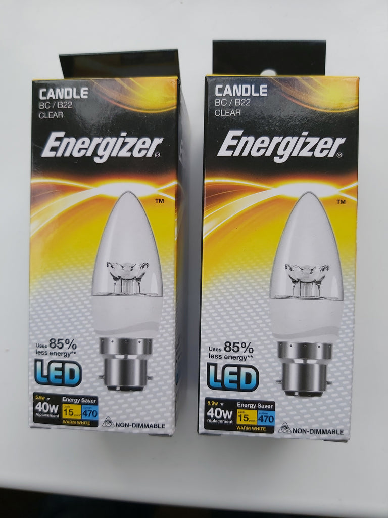 S8852 ENERGIZER LED CANDLE 470LM 5.9W CLEAR B22 (BC) WARM WHITE, PACK OF 2 - Electrobright Ltd