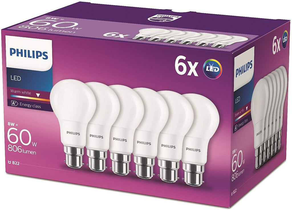 Philips LED B22 Frosted Light Bulbs, 8 W (60 W) - Warm White, Pack of 6 - Electrobright Ltd