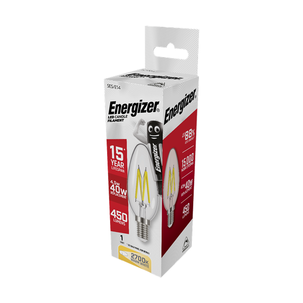S12856 Energizer LED Filament Candle E14 (SES) 470lm 5W 2,700K (Warm White) Dimmable, Box of 1 - Electrobright Ltd