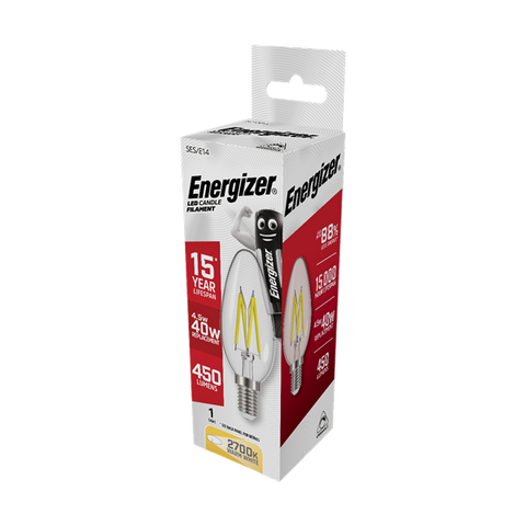 S12856 Energizer LED Filament Candle E14 (SES) 470lm 5W 2,700K (Warm White) Dimmable, Box of 1 - Electrobright Ltd