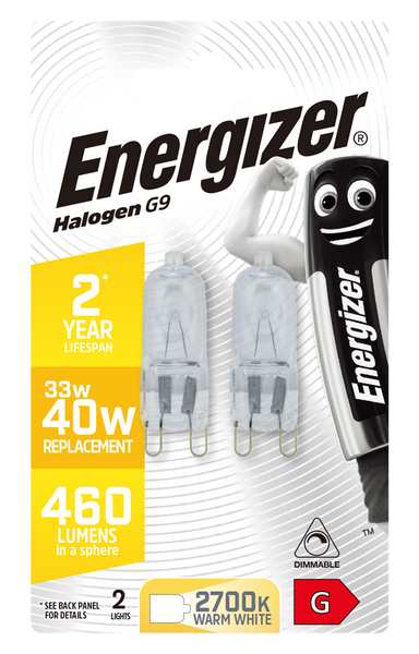 Energizer G9 33W=40W Eco Halogen light bulbs Dimmable Warm White Twin pack - Electrobright Ltd