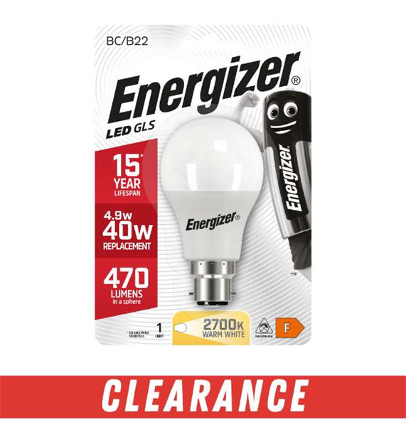 S8702 Energizer LED GLS B22 (BC) 470lm 4.9W 2,700K (Warm White), Blister of 1 - Electrobright Ltd