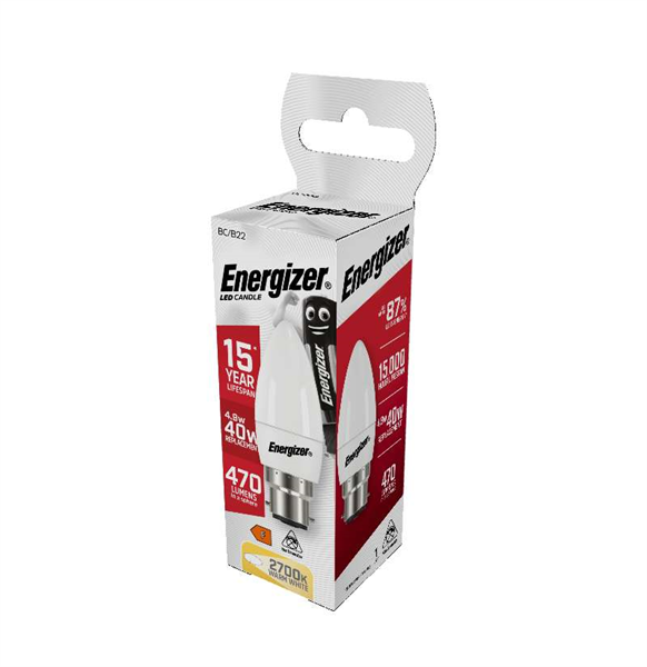 S8850 Energizer LED Candle B22 (BC) 470lm 4.9W 2,700K (Warm White), - Electrobright Ltd