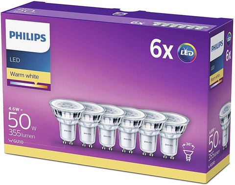 Philips LED GU10 Light Bulbs, 4.6 W (50 W) - Warm White, Pack of 6 - Electrobright Ltd