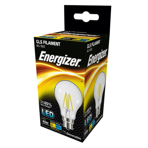 S12849 ENERGIZER FILAMENT LED GLS 470LM 4.5W B22 (BC) WARM WHITE DIMMABLE, PACK OF 1 - Electrobright Ltd