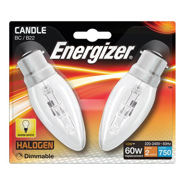 2 x S5963 ENERGIZER ECO B22 (BC) CANDLE 48W(60W) DIMMABLE (1 Twin Pack) - Electrobright Ltd